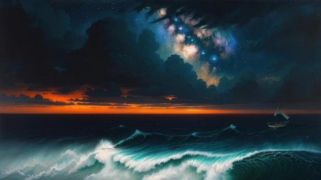 Una pintura de una tormenta con las estrellas del universo en el horizonte.