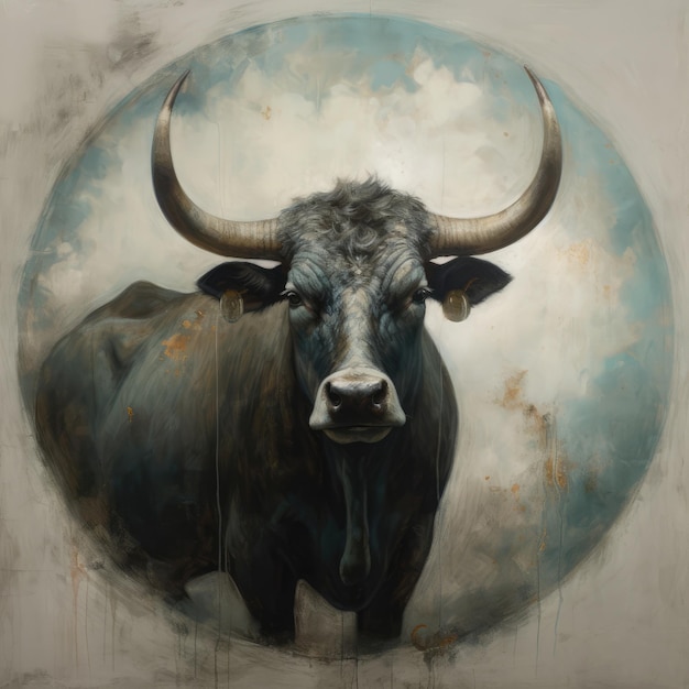 Una pintura de un toro con un círculo redondo ai generativo.