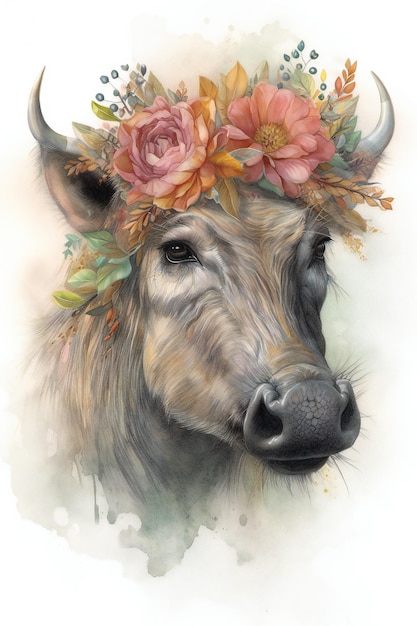 Una pintura de un toro con una corona de flores.