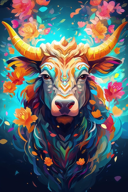 Una pintura de un toro con flores.