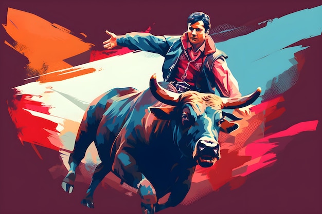 Una pintura de un toro con un hombre montándolo.