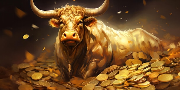 Foto pintura de un toro de pie en una pila de monedas de oro ia generativa