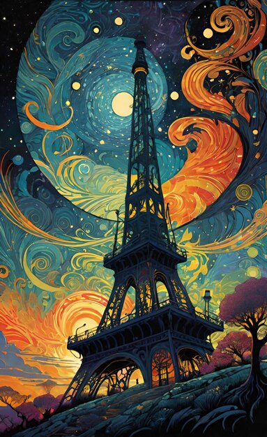 una pintura de una torre con una luna y estrellas en el fondo