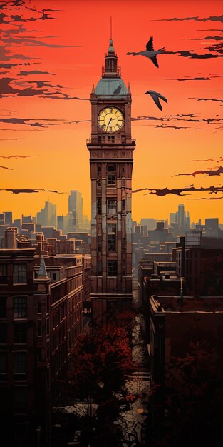 una pintura de una torre del reloj con una ciudad en el fondo