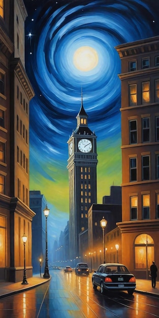 una pintura de una torre del reloj con un fondo azul