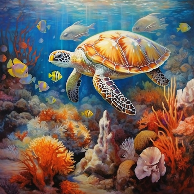 Pintura de una tortuga nadando en un arrecife de coral con peces generativos ai