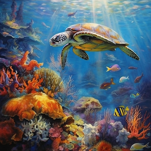 Pintura de una tortuga nadando en un colorido arrecife de coral con peces generativos ai