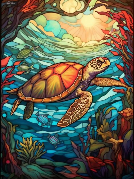 una pintura de una tortuga nadando en el océano con corales ai generativo