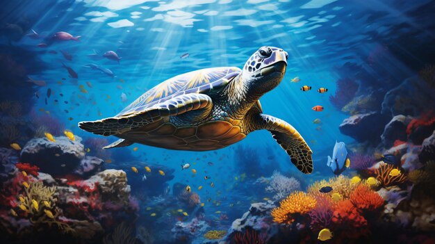 Una pintura de una tortuga nadando en el océano