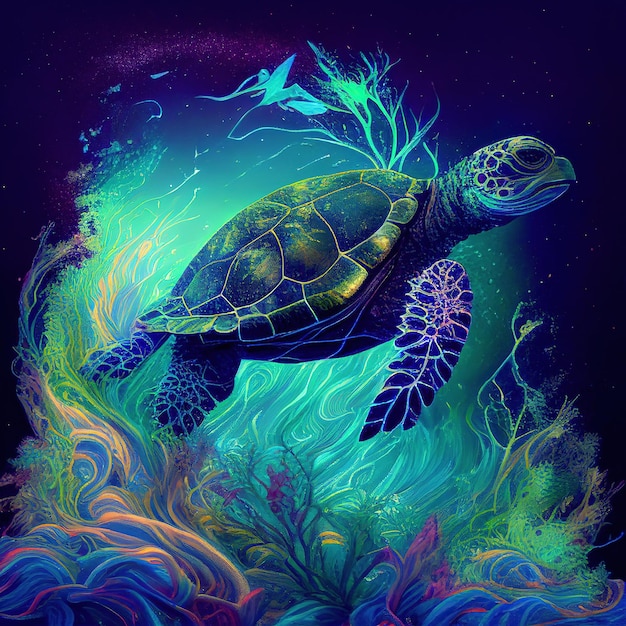 Una pintura de una tortuga nadando en el océano.