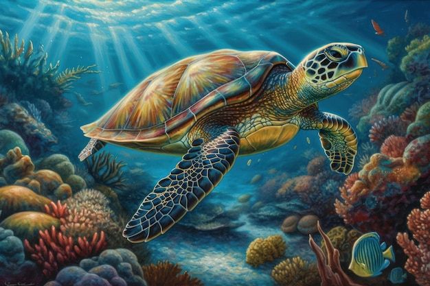 Una pintura de una tortuga nadando en el océano.