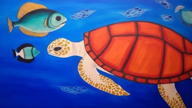 Una pintura de una tortuga nadando en el océano.