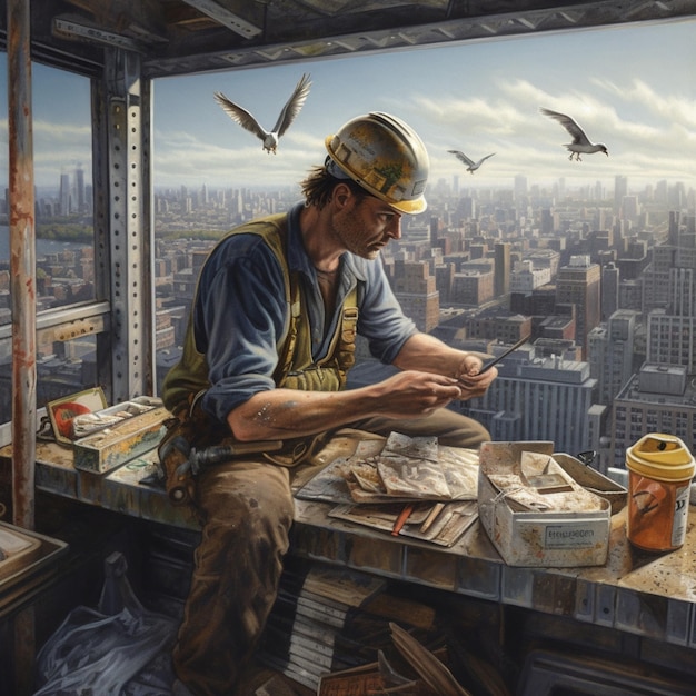 Una pintura de un trabajador de la construcción con un casco y un casco de construcción se sienta en una repisa con una vista de la ciudad debajo.