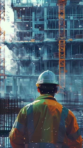 una pintura de un trabajador de la construcción frente a un edificio con una grúa en el fondo