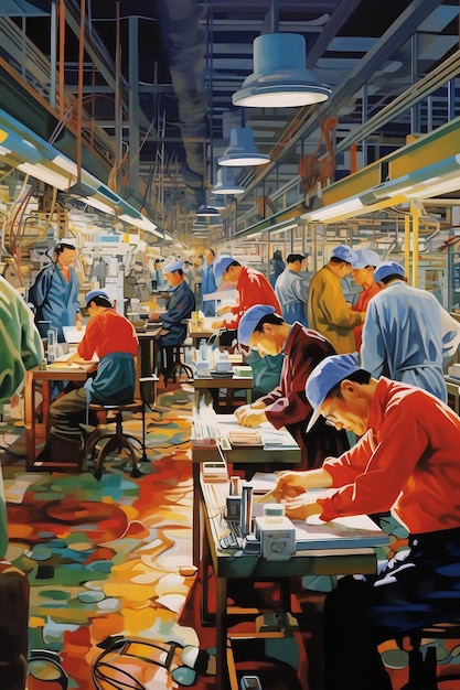 una pintura de trabajadores trabajando en una fábrica
