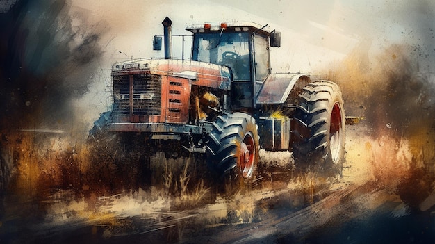 Una pintura de un tractor en el barro