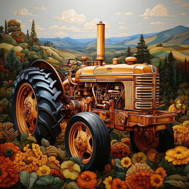 Foto pintura de un tractor en un campo de flores con una montaña en el fondo generativo ai