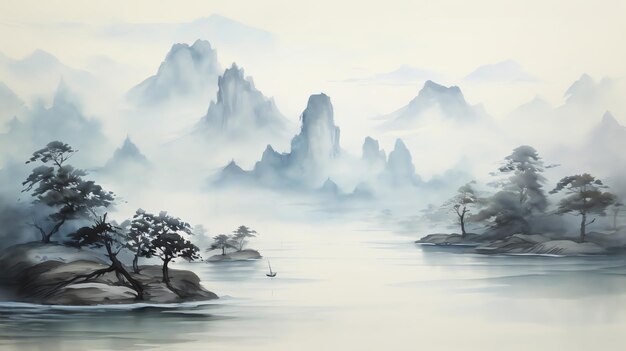 Pintura tradicional china en acuarela de un paisaje de fantasía con árboles y un lago en la niebla