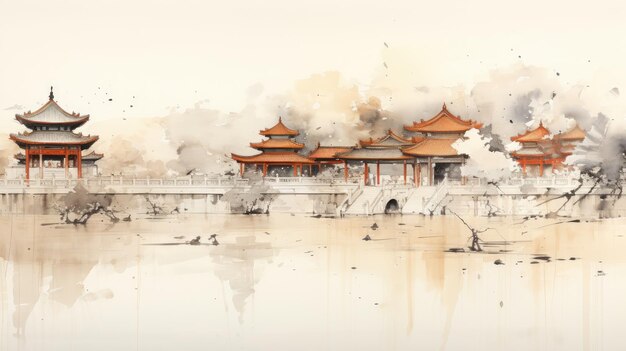 Pintura tradicional china con tinta de la Ciudad Prohibida de Beijing