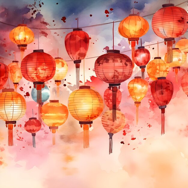 Pintura tradicional em aquarela de lanterna de papel vermelho asiática pendurada com luz brilhante de fundo artístico