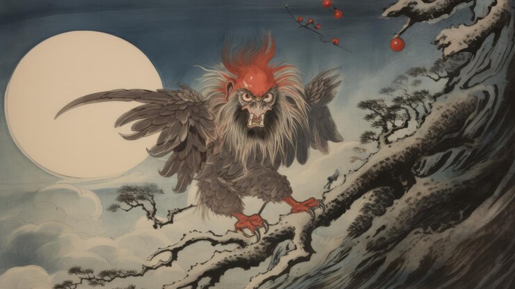Foto pintura tradicional de gallo en la nieve ilustraciones únicas de yokai inspiradas por brian sum