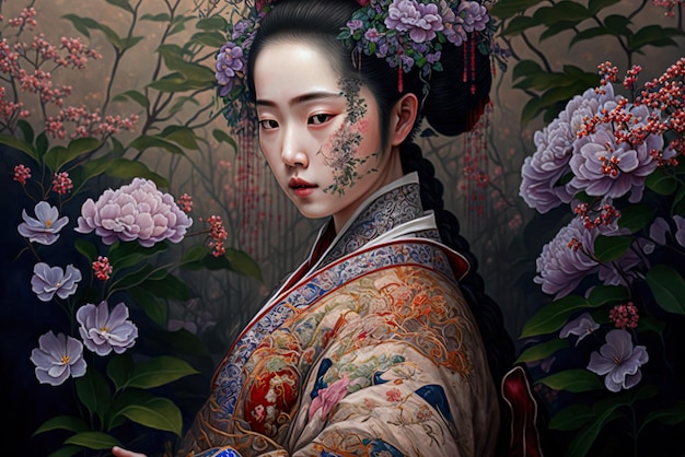 La pintura tradicional japonesa Feng lleva muchas flores, bordados de Suzhou y bordados de brocado.