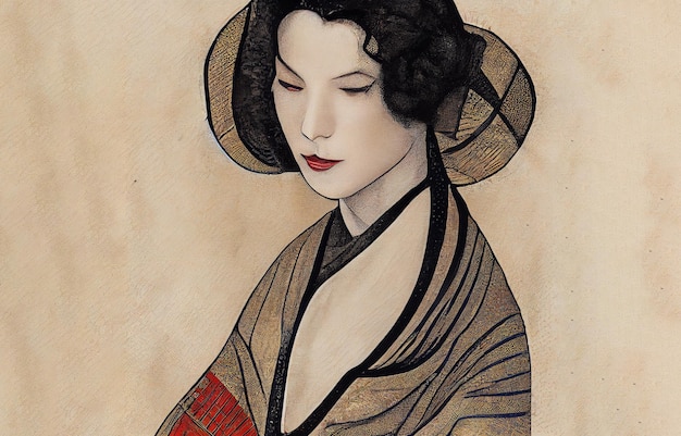 Pintura tradicional japonesa con mujer sobre fondo de papiro. Geisha atractiva con cara blanca.