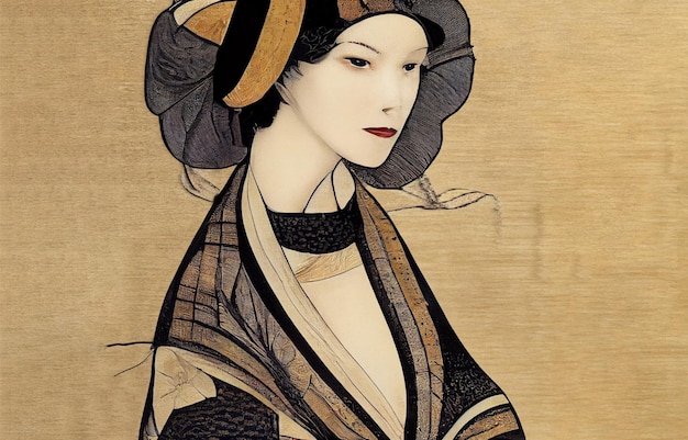 Pintura tradicional japonesa con mujer sobre fondo de papiro. Geisha atractiva con cara blanca.