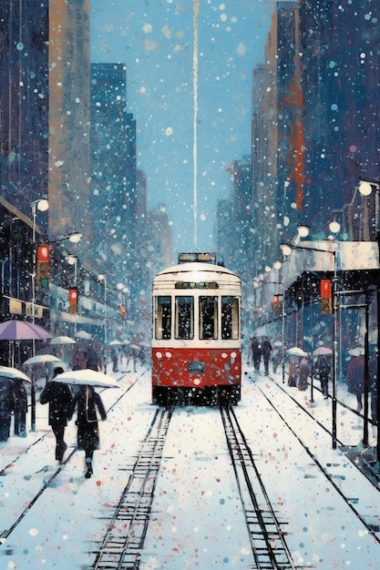Una pintura de un tranvía rojo en una ciudad nevada.