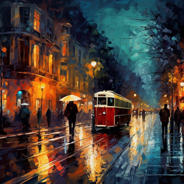 una pintura de un tranvía rojo con personas caminando bajo la lluvia.