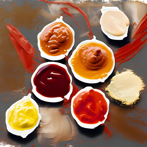 Una pintura con trazos de diferentes salsas y condimentos