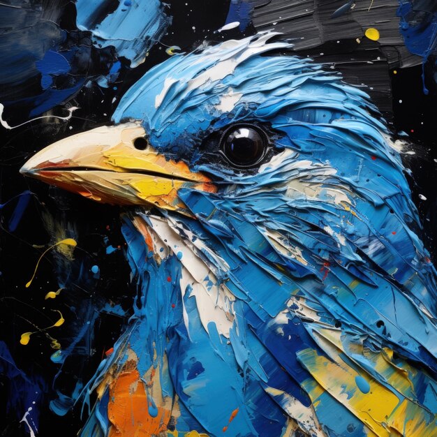 Pintura de trazos de pintura al óleo Blue Bird en el lienzo rústico