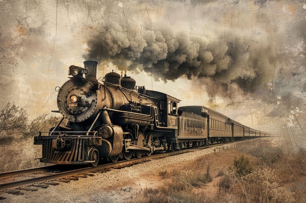 Foto una pintura de un tren de máquina de vapor en las vías