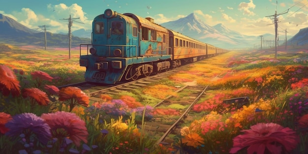 Una pintura de un tren con una montaña al fondo.