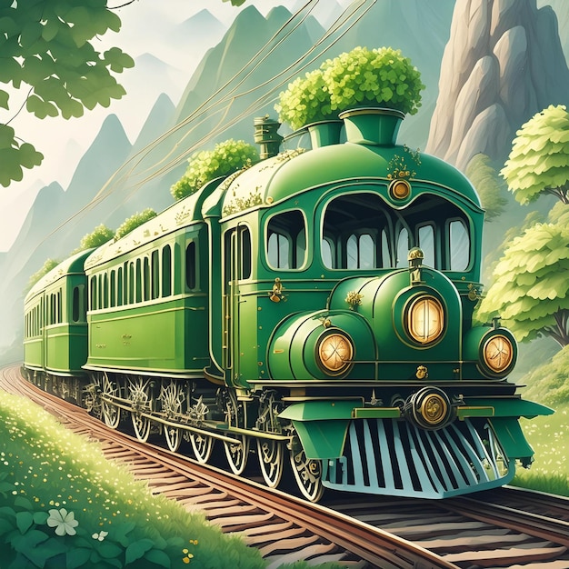 una pintura de un tren con un tren en el frente