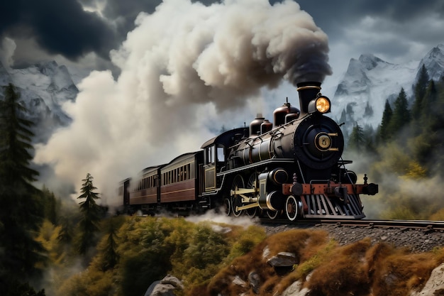 Una pintura de un tren en una vía de tren La locomotora se mueve entre las montañas y la hermosa naturaleza a lo largo de los rieles Humo de la chimenea de un tren retro