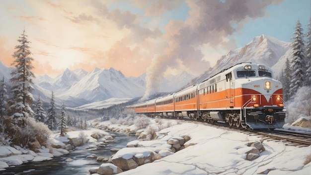 una pintura de un tren viajando a través de un paisaje nevado