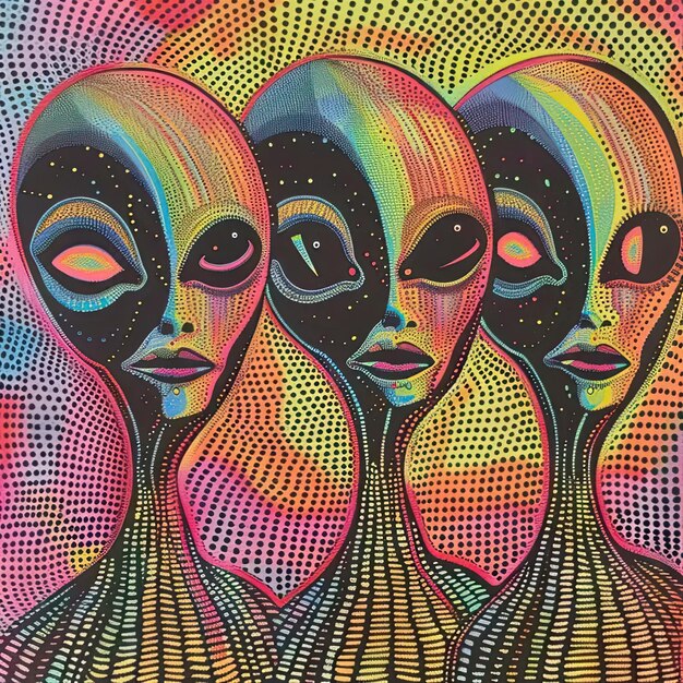 Una pintura de tres cabezas alienígenas con diferentes colores