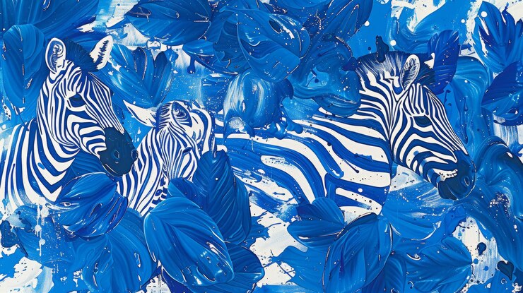 Una pintura de tres cebras en un fondo azul y blanco