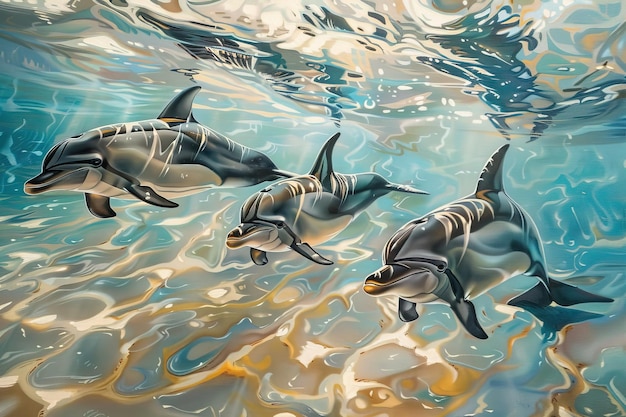 Foto una pintura de tres delfines nadando en el océano