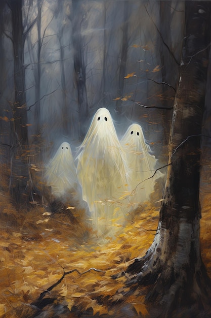 una pintura de tres fantasmas en un bosque con árboles en el fondo