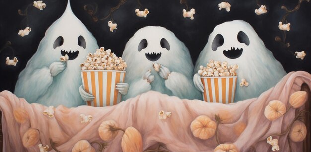 Foto pintura de tres fantasmas comiendo palomitas de maíz en una cama generativa ai