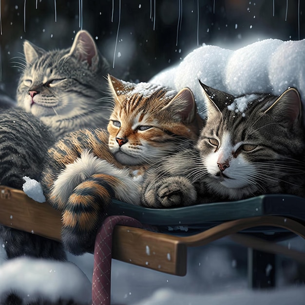 Una pintura de tres gatos con nieve en el pelaje.