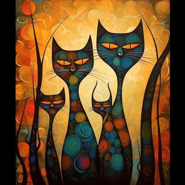 pintura de tres gatos con ojos naranjas y fondo giratorio generativo ai