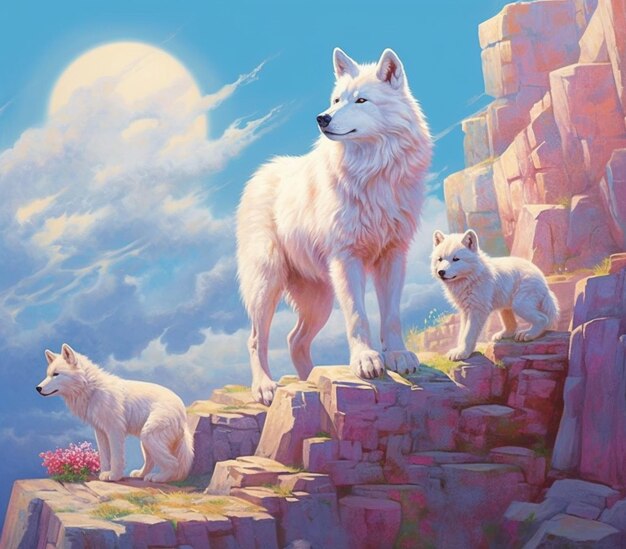 pintura de tres lobos blancos de pie en un acantilado rocoso generativo ai