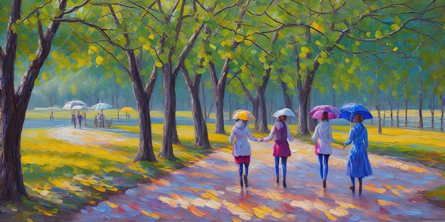 Una pintura de tres mujeres caminando en un parque con sombrillas.