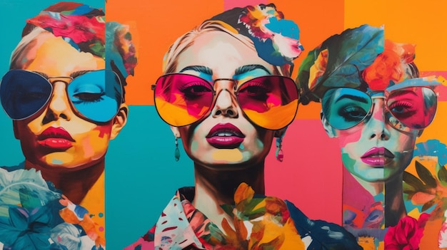 Una pintura de tres mujeres con gafas de sol de colores.