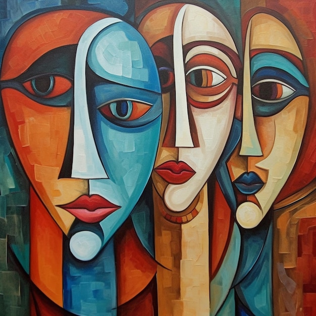 pintura de tres mujeres con rostros de diferentes colores generativo ai