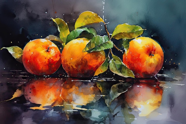 Una pintura de tres naranjas con hojas.