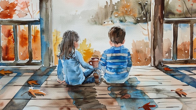 una pintura de tres niños sentados en un porche con las palabras cita la palabra cita en él